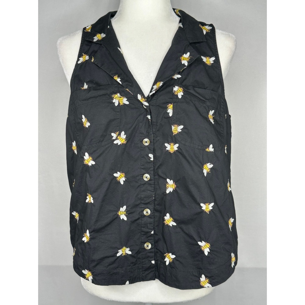 HD in Paris Anthropologie Bee Embroidered Sleeveless Button Down Blouse Black 8